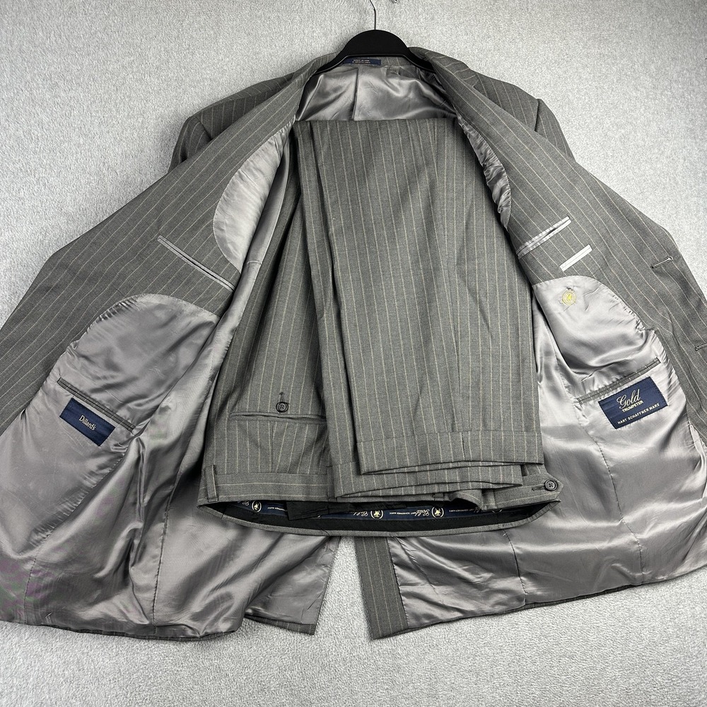 Hart Schaffner Marx Gold Full Suit Mens 44L 38x30 Gray Pinstripe Wool 2 Piece